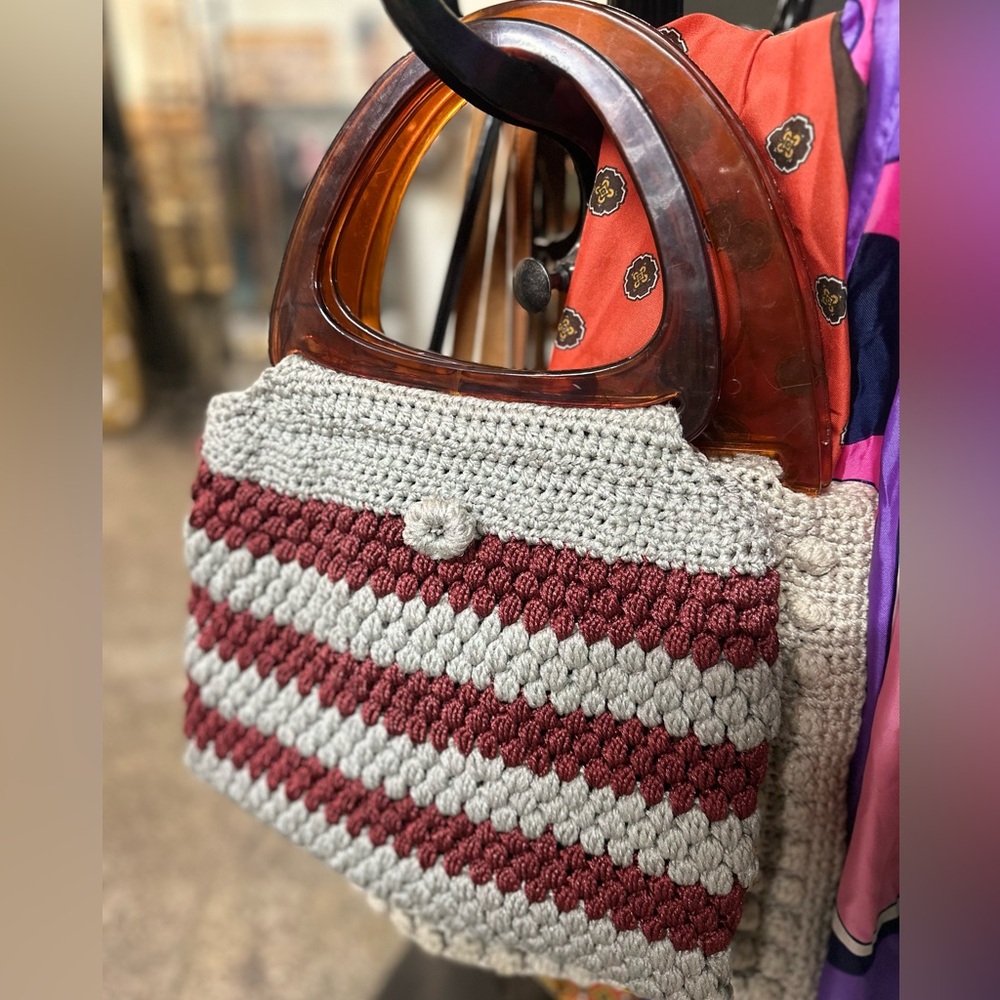 Vintage macrame classic retro handbag with Bakelite style handles